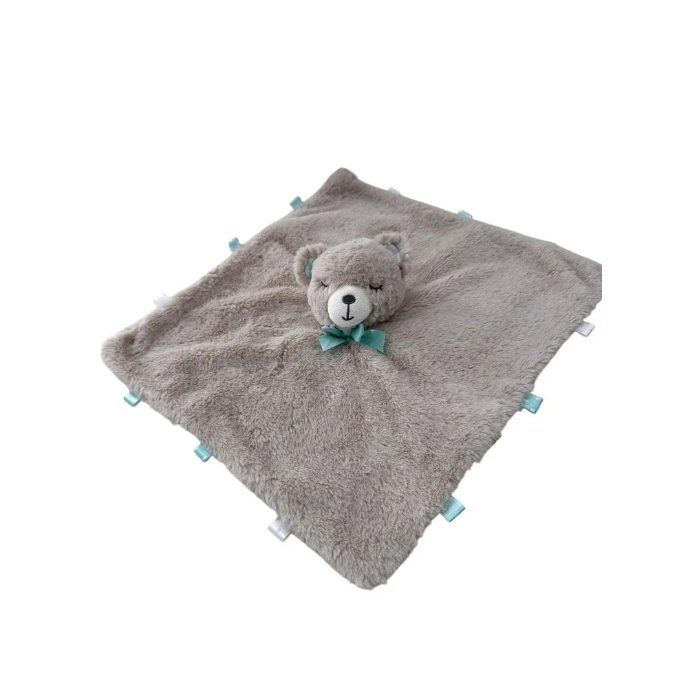 Kellytoy Plush Bear Security Blanket Taggie Lovey Tan Brown Teal Bow 13x13‎